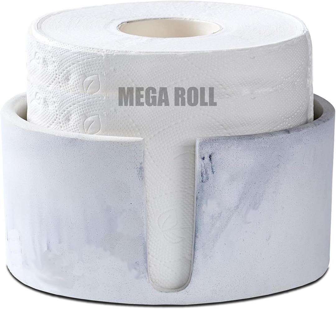 Natural White Marble Textures Toilet Paper Holder Stand for Bathroom Countertop or Floating Shelves,Toilet Top Decorative Roll Organizer Mega Roll 5.5 Inches or Less, Free Standing Mega Roll Storage
