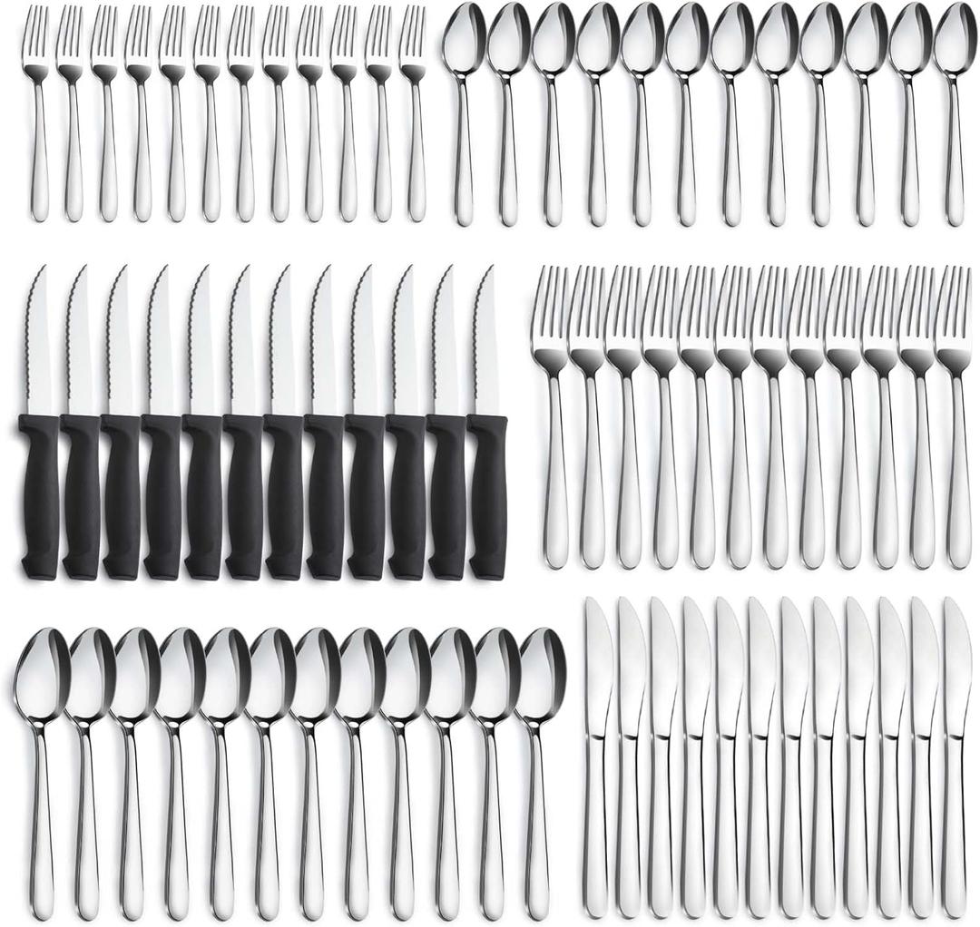Pleafind 72-Pieces Silverware Set for 12, Flatware Set with Steak Knives, Stainless Steel Cutlery Set, Include Forks Spoons and Knives Set, Dishwasher Safe Utensil Sets for Home Restaurant