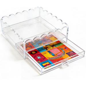 Clear Acrylic Trays for Needlepoint with Insert Drawer 6" x 6", HKKZYT Small Scalloped Acrylic Tray Organizer for Photos, Art, Napkin, Fabric, Messages Display Basket