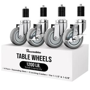 Houseables Table Casters, Table Wheels, Set of 4, Expanding Stem Caster Wheels, 4 Inch, Stainless Steel, for Kitchen Prep Worktable, Folding Desk, Commercial, Legs, Cart, Locking, 1-1/2" & 1-5/8" ID