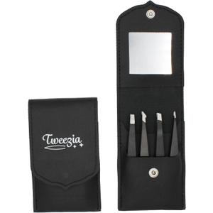 TWEEZIA Stainless Steel Tweezer Set - 4 Precision Tweezers with Mirror & Leather Case - Ideal Eyebrow Kit, Ingrown Hair Tweezers, Splinter Removal Kit or Pointed Tweezers for Beauty and Personal Care