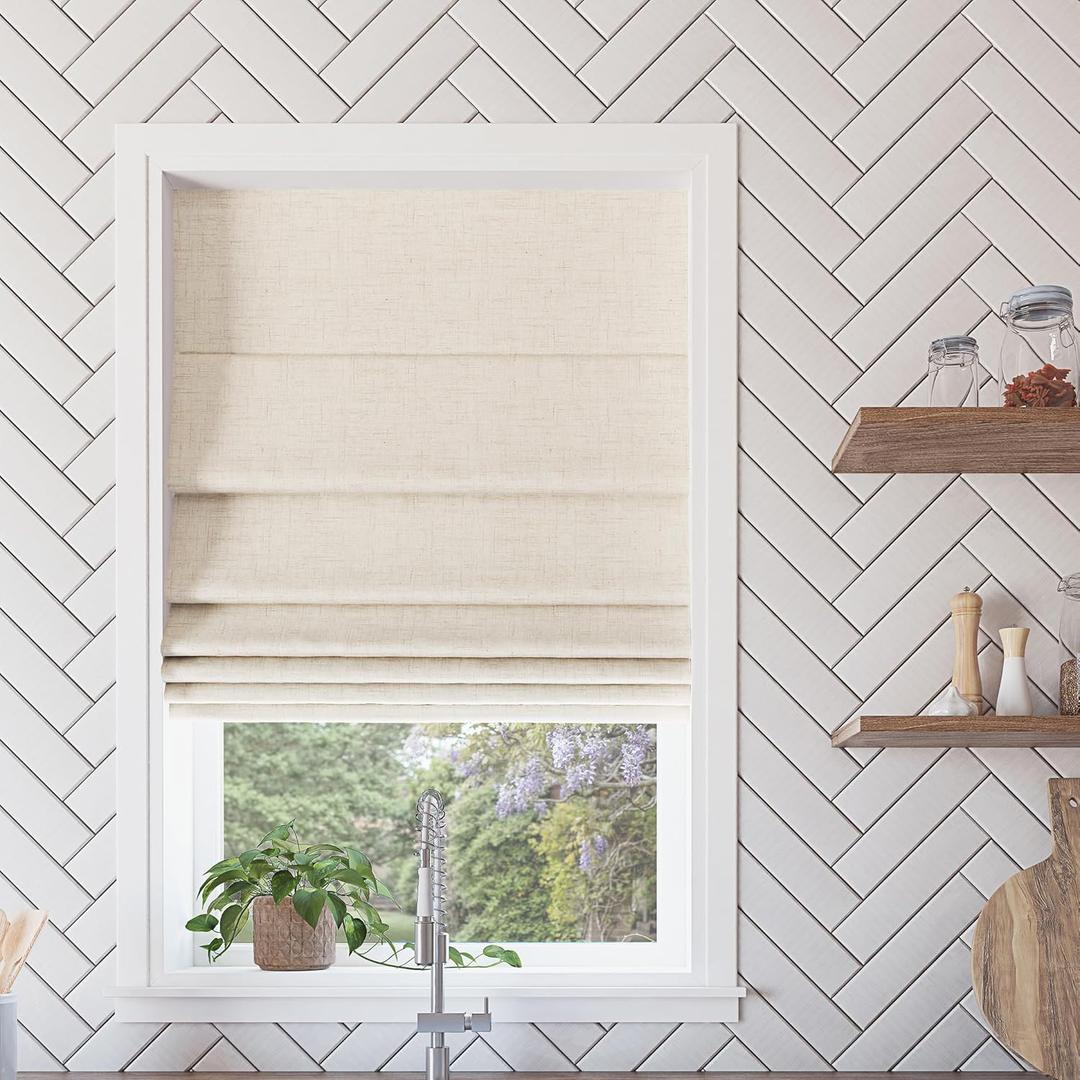 Sun Zero Seraphina Textured 100% Total Blackout Cordless Roman Shade, Linen, 34" W x 64" H