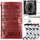 Vesici 5 Pcs Christmas Photographer Gift Set Camera Coffee Mug Keychains Socks Leather Embossed Refillable Notebook for Men Women Photo Lovers Photo Club Camera Encouragement Gift