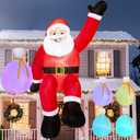 JOIEDOMI 10 FT Christmas Inflatables Santa with Gift Bags Outdoor Decorations, Blow Up Giant Santa Sitting on The Roof with Build-in Color Changing LEDs for Xmas Party Decor Yard Garden Holiday Decor