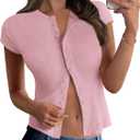 PRETTYGARDEN Women's Short Sleeve Summer Tops 2025 Trendy Ribbed Knit Button Up Tight Basic Tees Shirts Going Out Y2K Clothes (Pink, M)