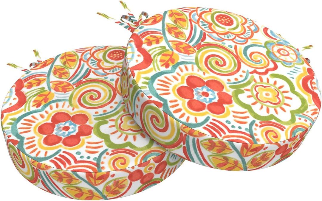 Outdoor Bistro Chair Cushions for Patio Furniture,Patio Bistro Round Foam Seat Cushion with Ties,15" D x 2.5" H,Flower Multi