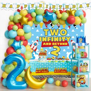 Party Inspo Two Infinity and Beyond Birthday Decorations, 122 PCs – Cartoon Toy Theme 2nd Birthday Party Supplies with Blue Toy Inspired Story Backdrop, Balloon Garland, Cake Topper