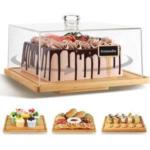 Rotatable Square Cake StandCake Stand with DomeRotating Dessert Holder with Acrylic Lid Cover,Bamboo Cheese Pie Cupcake Display Spinner Serving Platter with LidBirthday Wedding House Warming Gifts