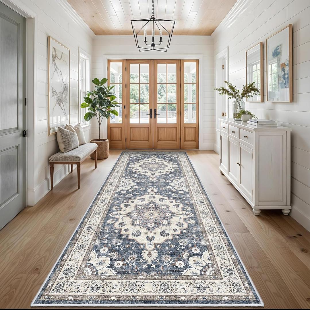 4x10 Wide Hallway Runner Rug - Washable Runner Rugs with Non Slip Backing Low Pile Carpets for Kitchen Bathroom Stain Resistant Carpet for Entry Living Room Dining Room Thin Floor Mat 4x10 Blue