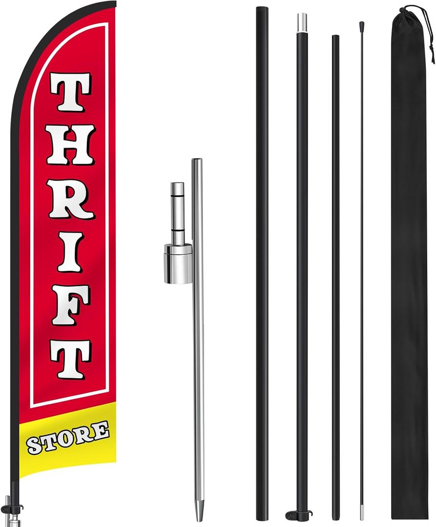CroBlissful Thrift Store Feather Flag 15 ft Advertising Thrift Store Signs with Pole Kit and Ground Stake for Outside Business and Portable Bag for Business Outside Event