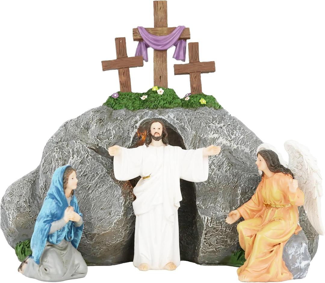 Cannan Jesus Resucitado con El Angel Y Maria Magdalena en La Tumba Vacia 10" x12" LED Resin Religious Figure Risen Jesus with The Angel and Mary Magdalene Empty Tomb