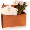 Wall Mount Brown PU Leather Letter Holder 9.8" x 7.7" x 1.4" Mail Holder Vintage Wall File Organizer 2 Ring Binder Hanging File Holder for Office Home Decor Storage Letter Postcards Bill Flowers