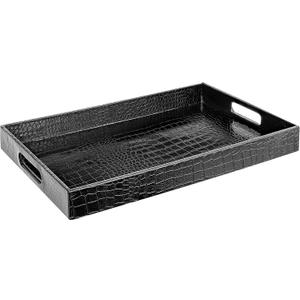 Black Leather Serving Tray with Handles, Glossy Faux Crocodile Print, 17.5x12 Food Drinks Tray for Coffee Table, Breakfast, Dinner & Bar, Decorative Storage Tray for Ottoman, Kitchen, Bedroom, Gift.