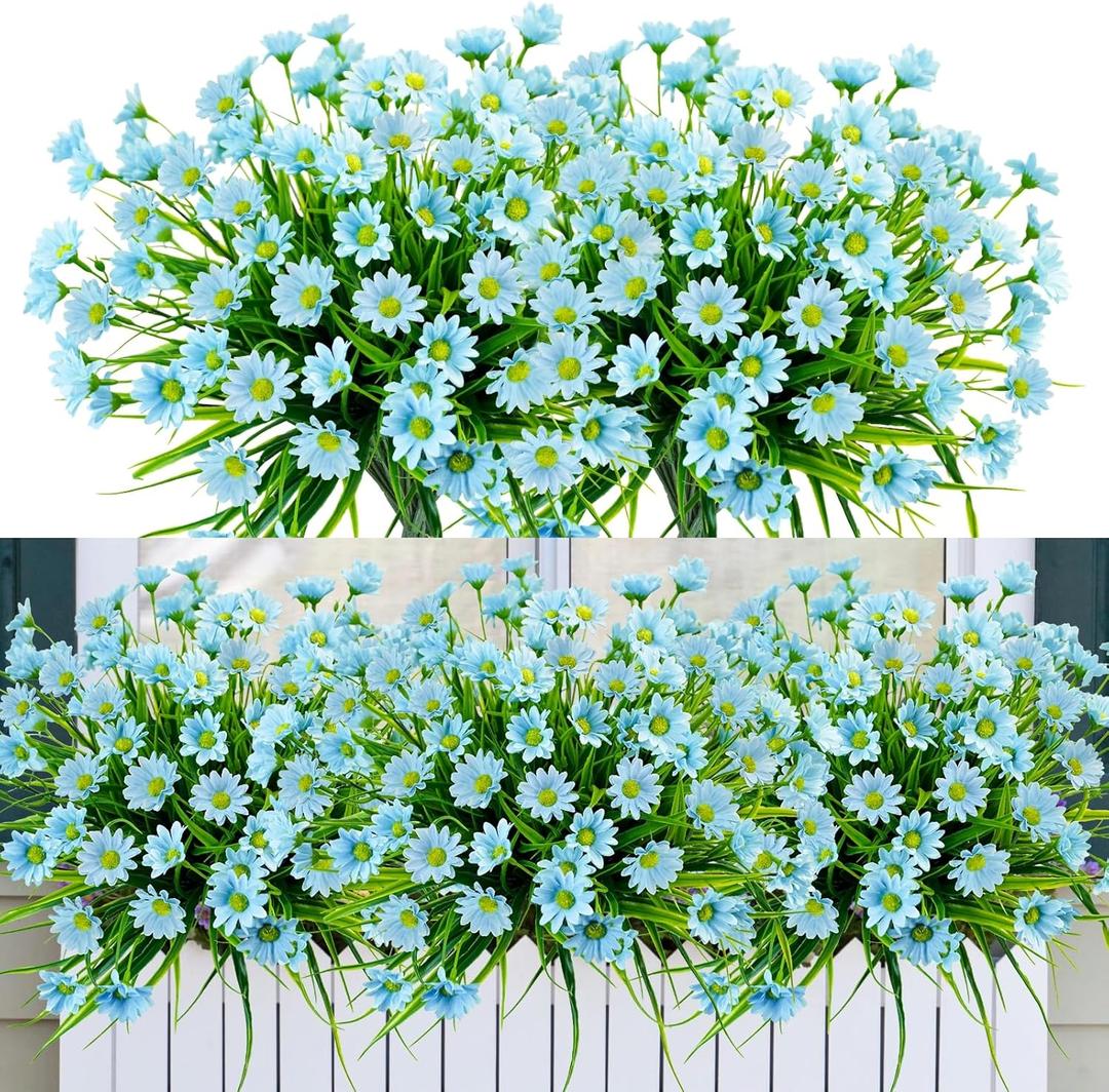 12 Bundles Artificial Daisies Flowers Outdoor UV Resistant Fake Silk Daisy Mums Flowers No Fade Faux Greenery Plants for Home Wedding Garden Window Box Outdoor Planters Spring Decor - Blue