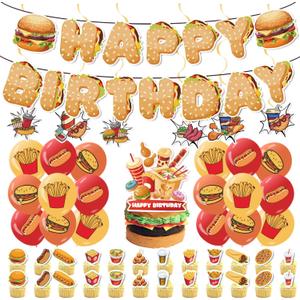 Hamburger Birthday Decoration Set, Cute Food Happy Birthday Banner, Party Supplies with Banner, Hanging Swirl, Balloon, Cake Topper, Cupcake Topper