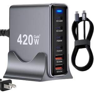 420W USB C Fast Charger Block, PD 3.1 140W USB C Charging Station, GaN Multi-Port PD PPS Fast Charging Station for Multiple Devices,Laptop Wall Charger Compatible with MacBook iPad iPhone 17/16 etc