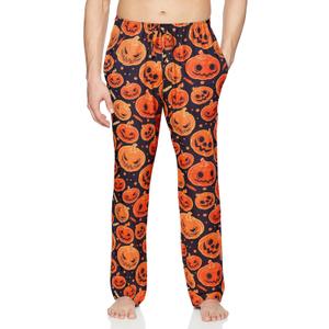Male Halloween Sleep Loungewear Orange Scary Pumpkin Pyjama for Themed Party Black Colorful PJ's Pants Carnival Rave L