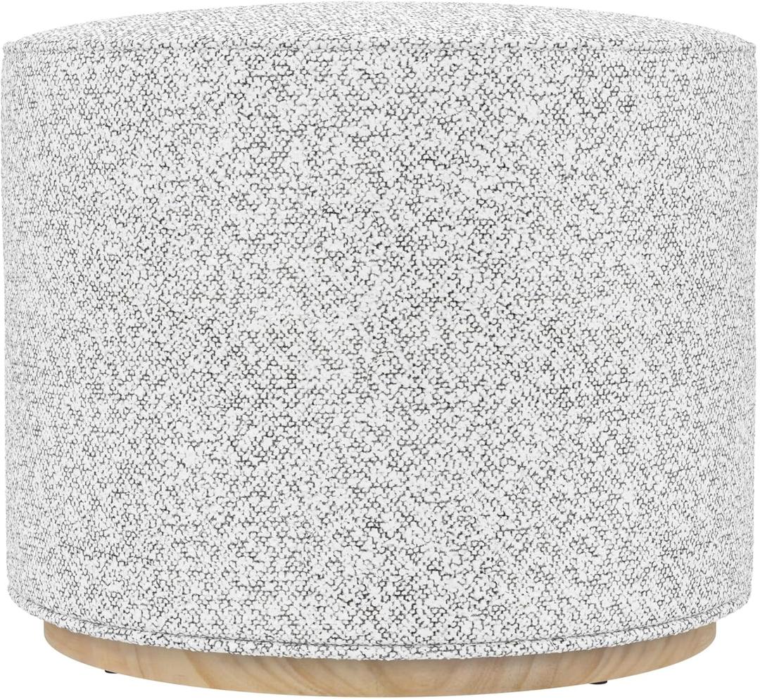 Boucl Ottoman with Wooden Base 22" Round Upholstered Footrest, Cream Boucl with Gray Yarns, Modern Accent Stool for Living Room & Bedroom