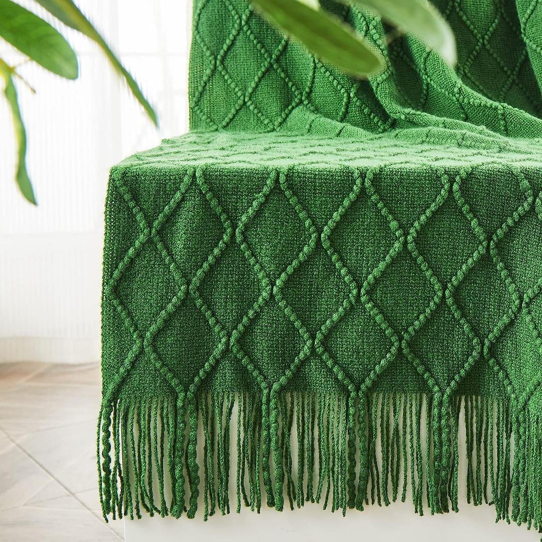 Inhand Green Knitted Throw Blanket for Couch and Bed, St. Patricks Day Lucky Spring Gifts Throw for Her or Him, Soft Farmhouse Woven Blanket with Tassel, Lightweight Decorative, 50"x60"