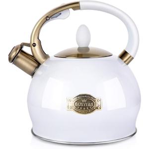 SUSTEAS Stove Top Whistling Tea Kettle  Food Grade Stainless Steel Teakettle Teapot with Cool Touch Ergonomic Handle, With 1 Silicone Pinch Mitt Included, 2.64 Quart(WHITE)