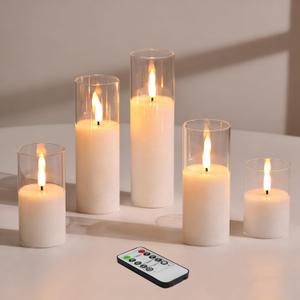 Clear Glass Flameless Candles with Remote Batteries, Flickering Slim LED Pillar Candles Set of 5