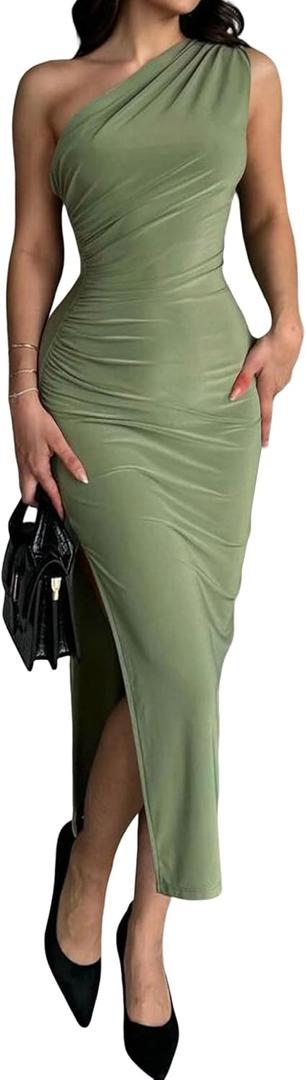Womens' Sexy Summer One Shoulder Bodycon Long Stretchy Skin Tight Side Slit Date Night Dresses (Green, L)