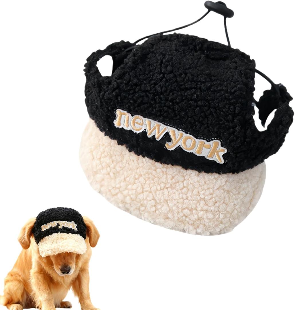 New York Embroidered Pet Hat, Black and Cream Plush Winter Cap for Dogs and Cats (Black, Medium)