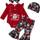 My First Christmas Baby Girl Outfits Elk Print Long Sleeves Romper Flared Pants Sets Baby Girl Christmas Outfits (0-3 Months)
