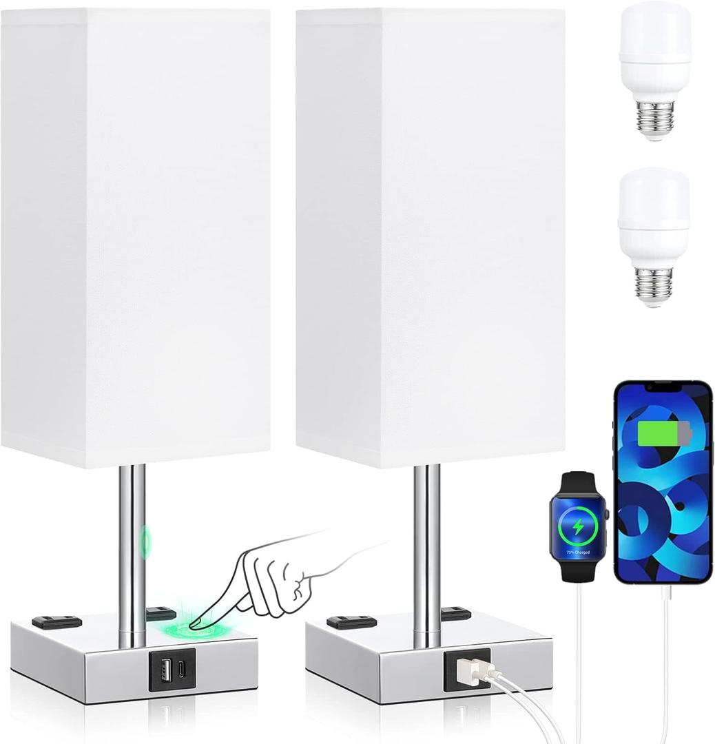 aooshine Set of 2 Touch Nightstand Lamp with USB-C+A Charge Ports& AC Outlets, 3-Way Dimmable Bedside Lamp with White Fabric Shade, Small Table Lamp for Bedroom Guest Room (Bulb Included)