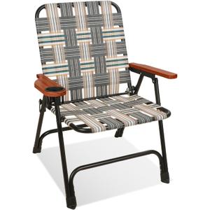Folding Lawn Chair, Portable Camping Chair with Steel Frame, Woven Fabric and Wooden Armrests, Webbed Patio Dinning Chair for Yard Camping Poolside Beach