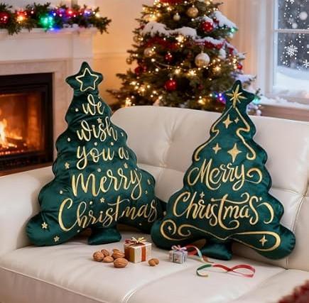 Lanpn Christmas Tree Pillows Set of 2, Merry Christmas Decoration Winter Throw Pillows Soft Cute 3D Shaped Xmas Tree Throw Cushion for Sofa Living Room Bedroom Xmas Decor (16x21 inch, Green)
