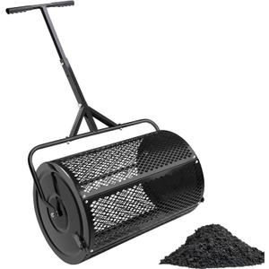 Compost Spreader. Peat Moss Spreader 24" Roller Lawn Spreader with Height Adjustable T Shaped Handle, Steel Mesh Basket Garden Spreader with Side Latches, for Spreading Manure Topsoil, Black L