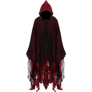 Geyoga Grim Reaper Costume Scary Hooded Cape Witch Costume Hooded Cape for Adult Women Man Cosplay Props (X-Large, Red)