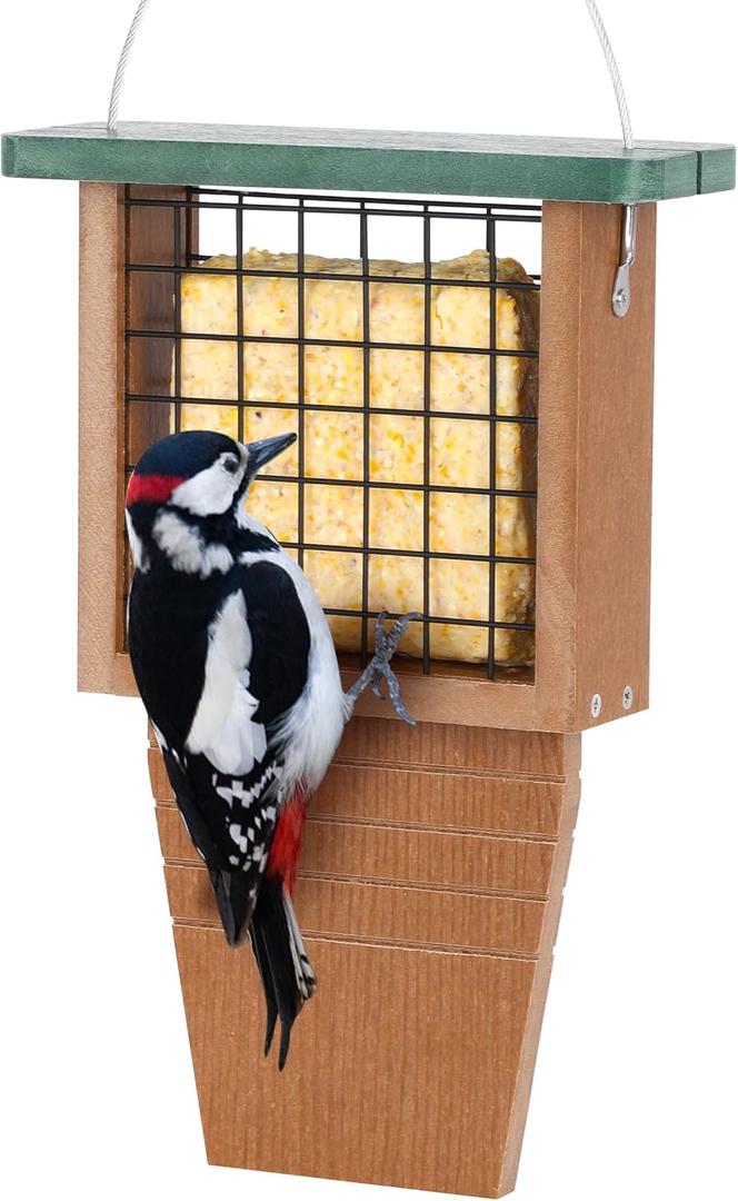 Gtongoko Recycled Plastic Suet Bird Feeder for Outside Hanging, Woodpecker Suet Feeder with Tail Prop, Hanging Suet Holder Birdfeeders, 1 Pack, Green
