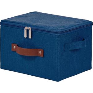 Storage Bins with Zipper Lid Cotton Linen Fabric Lidded Storage Baskets Boxes Foldable Washable Closet Shelf Clothes Organizer Container with PU Leather Handles (Deep Blue, Small)