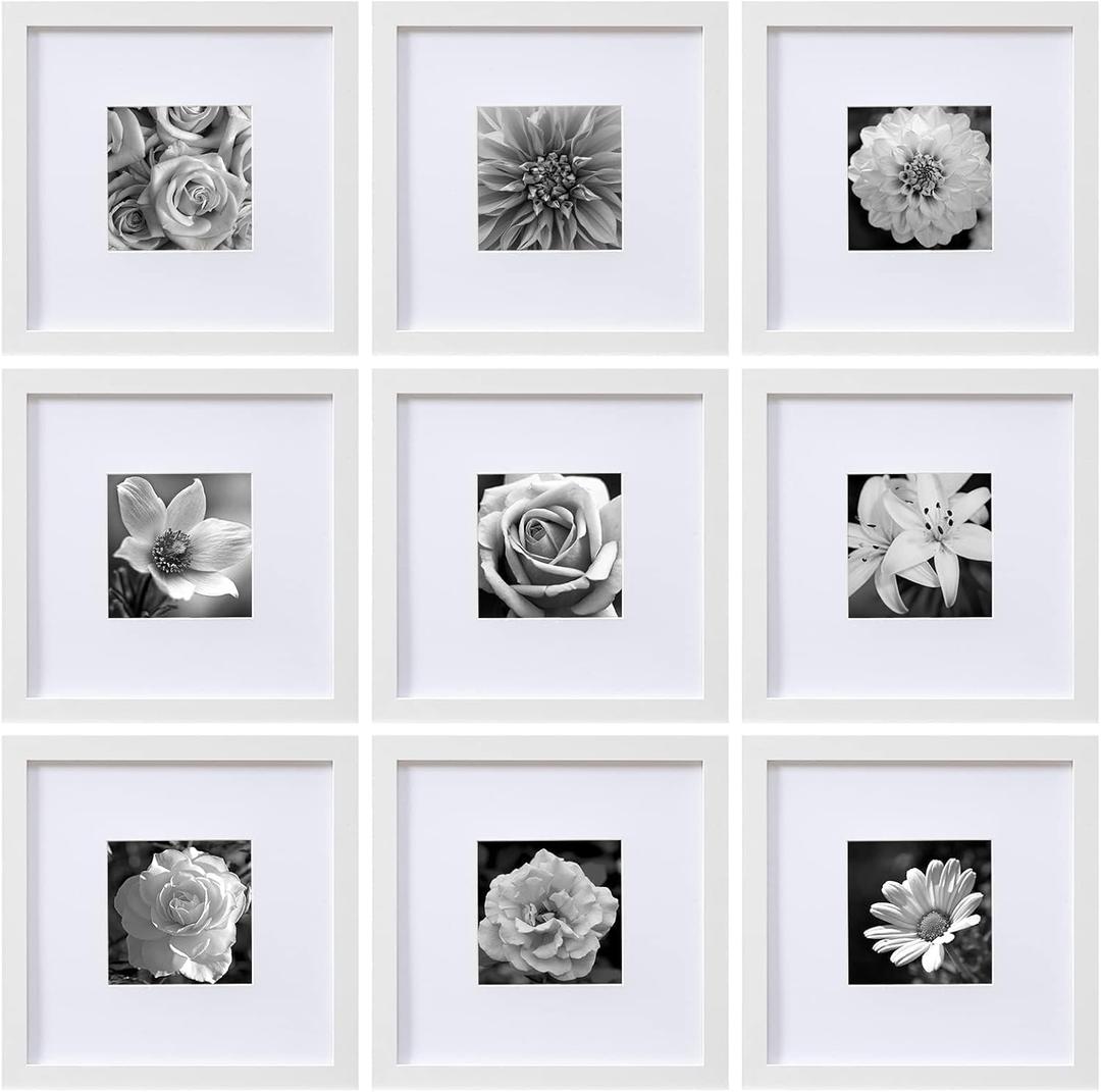 Eletecpro 10x10 Picture Frames Set of 9 with Mat for 5x5 Photos or without Mat for 10x10, Square Gallery Wall Decor Collage for Picture Display, White Frame Set for Wall Hanging