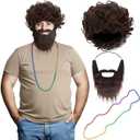 3 Pcs Halloween Costume Mens Toupee Brown Curly Shaggy Costume Wig Beard Colored Necklace Accessories Set for Halloween Film Cosplay Accessory Multicolor