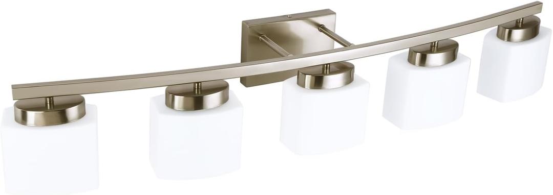 5 Light Brushed Nickel Vanity Lighting Fixture with Milky White Glass Shade for Bathroom Over Mirror, 40 Inches