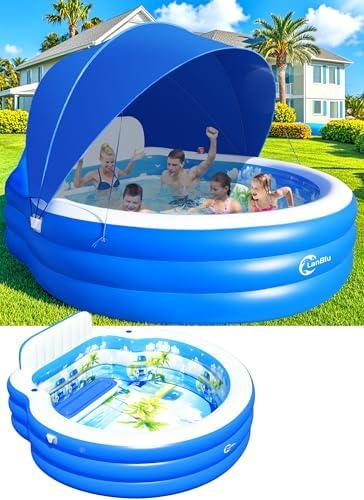 2025 Upgraded Inflatable Pool with Canopy, Inflatable Family Lounge Pool, Round Blow Up Pool for Adult with Bench & Backrest, Swim Center Easy Backyard Pools for Kids & Adults, 90"x90"x80", Blue