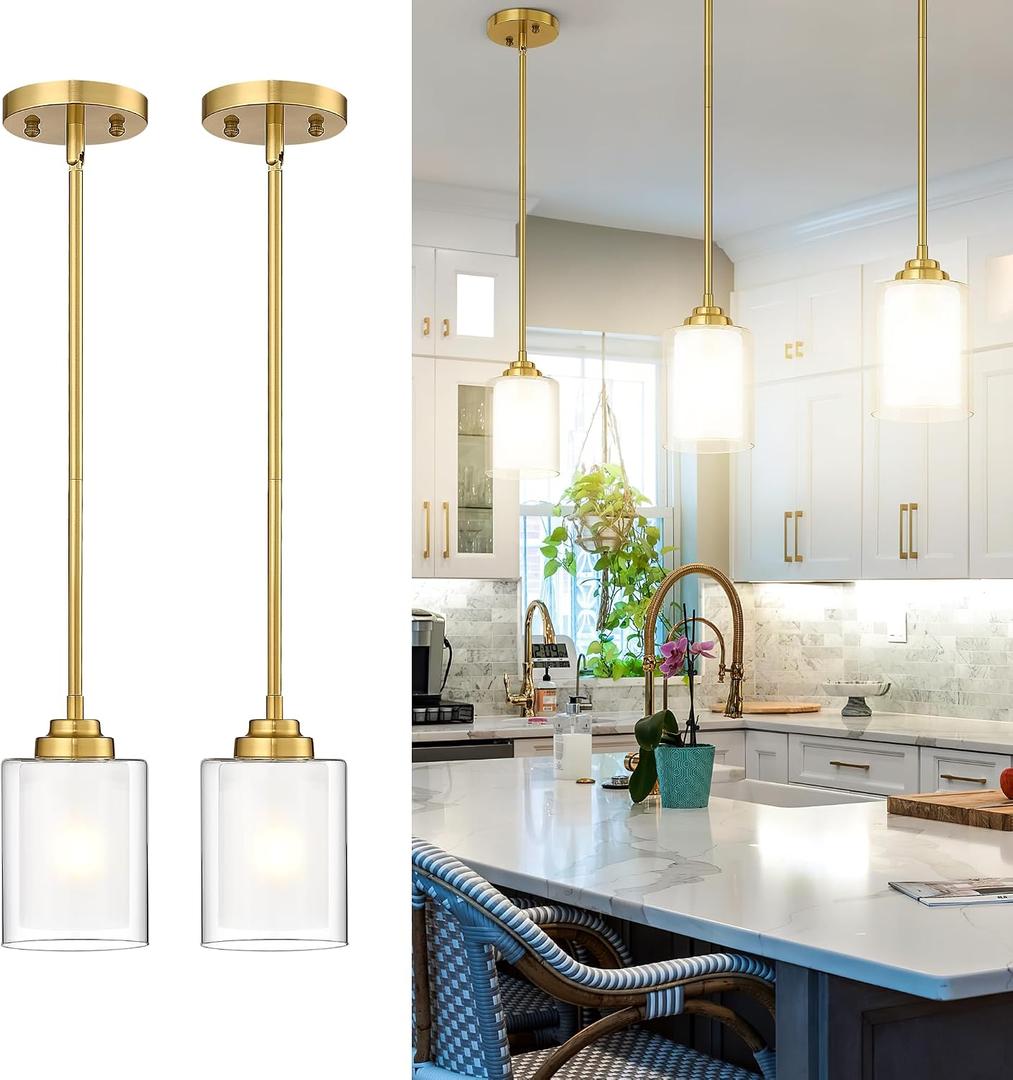 TENGXIN Modern Pendant Light,Brushed Gold Modern Pendant Light for Kitchen Island,Hanging Ceiling Light Fixture,Farmhouse Pendant Lighting for Dining Room Bedroom Bar Office 2Pack,TXPLBG02-2PK