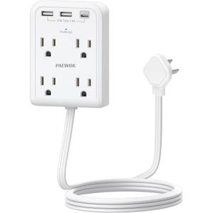 Surge Protector Power Strip, Outlet Extender Stick with USB C Ports, 4 Outlet 3 USB, 4 FT Extension Cord Flat Wall Plug, Home Office Dorm Room Essentials, White