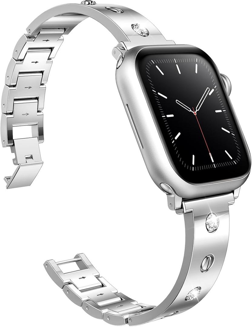 Mosonio Dressy Jewelry Bracelet Bands Compatible with Apple Watch Band 46mm 45mm 44mm 49mm 42mm 41mm 40mm 38mm for Women, Cute and Stylish Diamond Metal Strap for iWatch Series 10 9 8 7 6 5 4 3 2 1 SE Ultra (Silver)