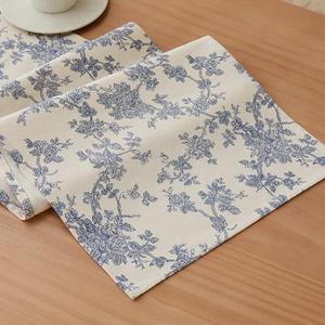 YZJZEDS 100% Cotton French Pastoral Table Runners, 13x108 Inch Blue Farmhouse Table Runners 108 Inches Long, Vintage Flowers Print Home Decors
