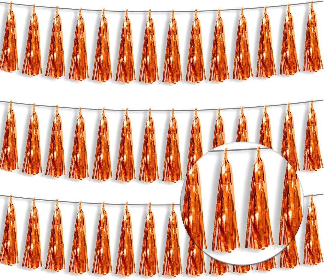 3P Metallic Fringe Tassel Banner Garland Foil Tinsel Streamer Wall Hanging Curtain Backdrop Banner for Parade Floats, Halloween Decorations, Christmas Day, Fall, Thanksgiving Party Decoration (Orange)