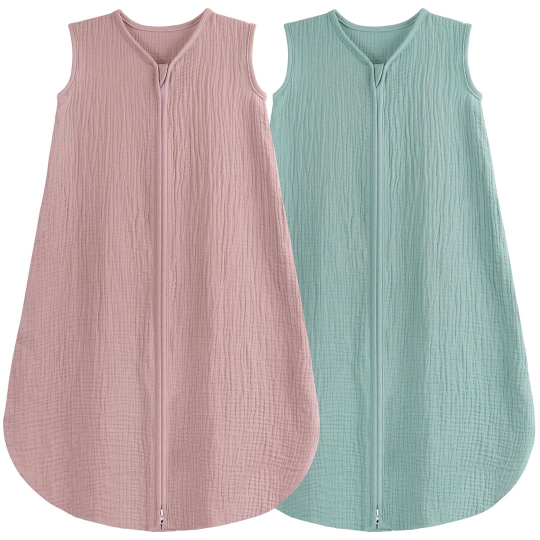 2 Pack Baby Sleep Sack 18-24 Months 100% Organic Cotton Muslin Baby Sleeping Bag 2-Way Zipper Toddler Wearable Blankets Comfy Stretchy Thin Sleep Sacks (X-Large, Green & Pink Tog 0.3)