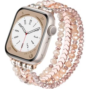 MOFREE Beaded Bracelet Compatible with Apple Watch Band, Fashion Elastic Stretch Women Bands for iWatch  iPhone Watch Strap Bands, Rose Gold, Size: 38mm/40mm/41mm/42mm(series 11/10)-(5.3"-6.2")