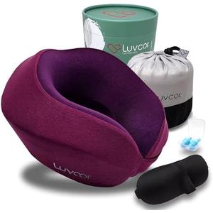 Luvcor Premium Quality Memory Foam Travel Neck Pillow Bundle - Best Ergonomic Pillow for Airplane Travel, car Ride, Sleeping. Comes with Eye mask, earplugs and Storage Bag. (Royal Pink)