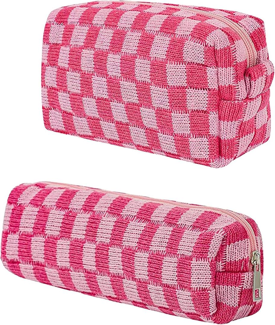 Checkered Makeup Bag,Travel Makeup Bag Toiletry Bag Cute Makeup Brushes Bag Cosmetic Bags for Women Zipper Preppy Makeup Bags for Purse Large Travel Cosmetic Bag (Girls Pink)
