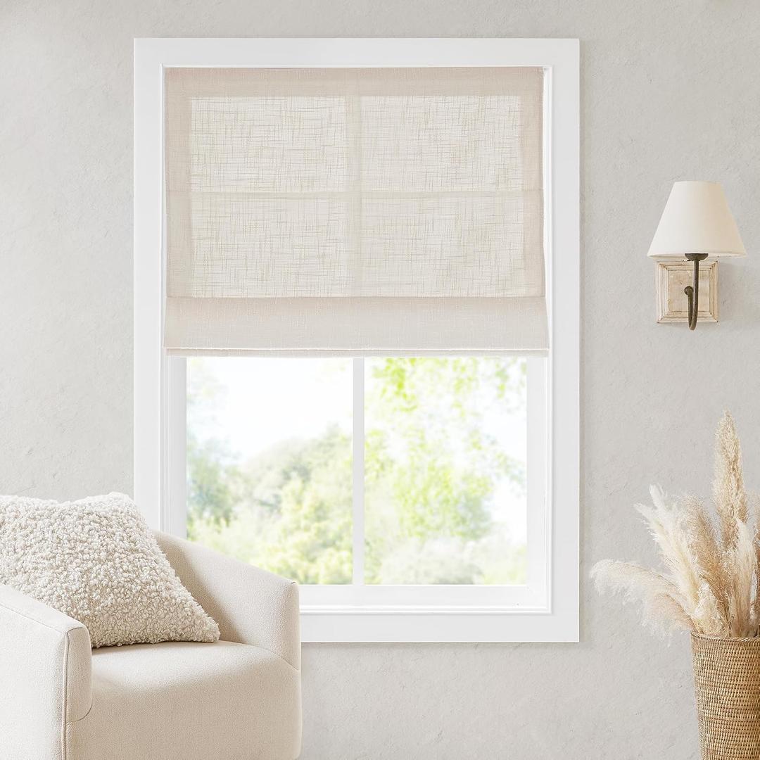 Madison Park Cordless Roman Shades, Room Darkening Window Blind Privacy Window Shades, Thermal Insulated Cordless Window Treatment for Bedroom, Living Room, Quincy, Single Panel 34" W X 64" L Linen