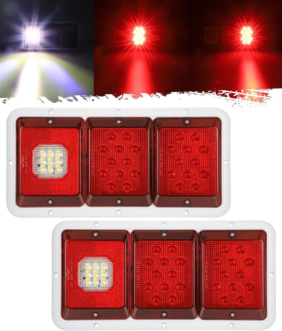 Partsam 2x LED Triple Tail Lights 45 LEDs, Rectangle Vertical or Horizontal Mount LED Trailer Camper RV Tail Lights Stop Turn Tail Backup Reverse Lights Taillights w/White Base - Red/Clear Lens 12V